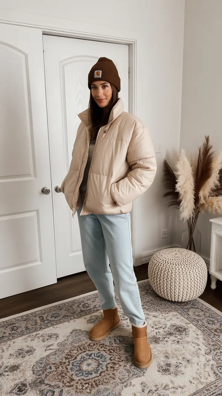 Ugg outfit ideas 2026 Creamy Puffer And Light Winter Denim