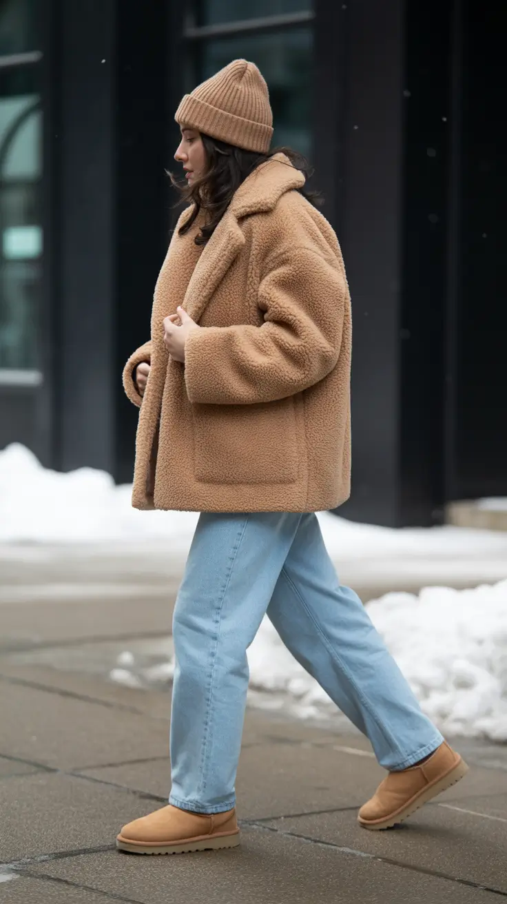 Ugg outfit ideas 2026 Teddy Coat And Relaxed Blue Denim
