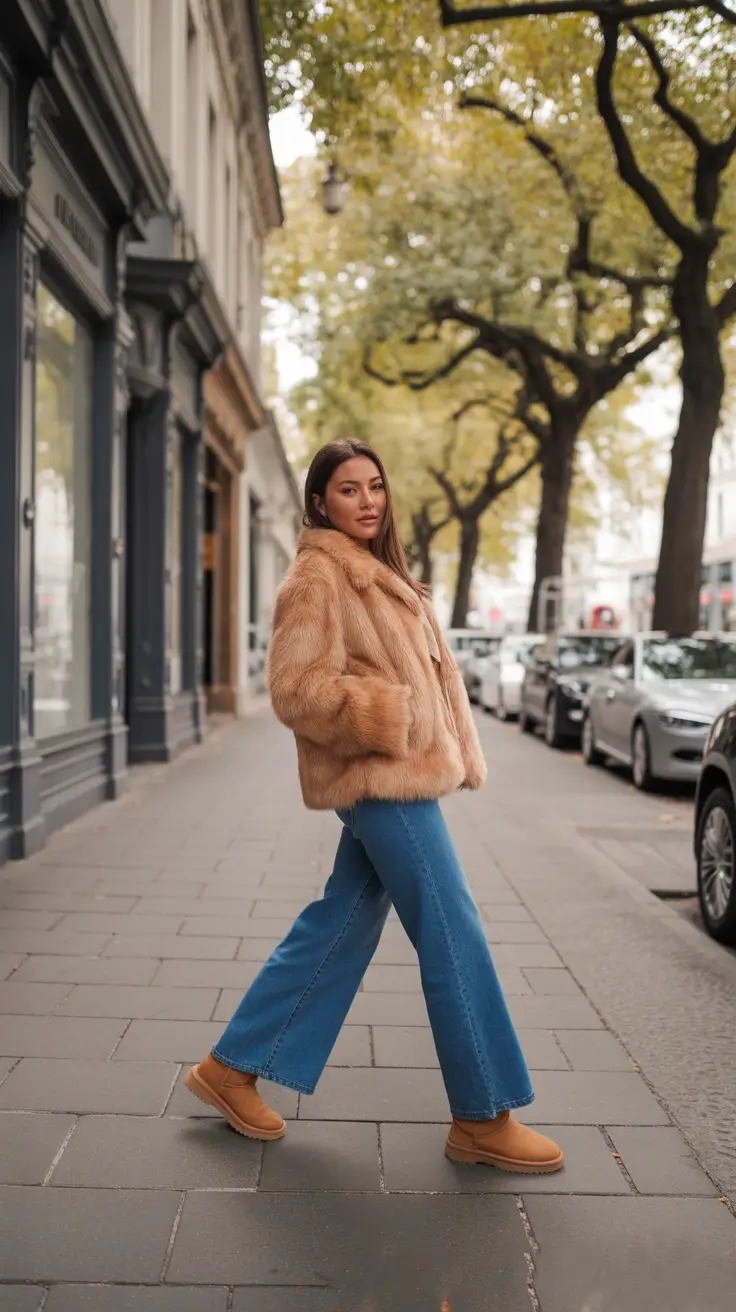 Ugg outfit ideas 2026 Faux Fur And Wide Leg City Denim