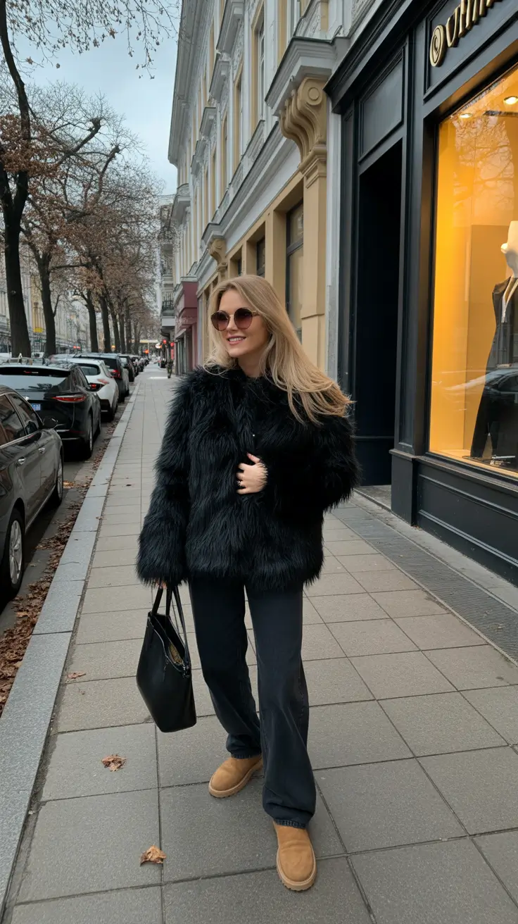Ugg outfit ideas 2026 Black Faux Fur And Chic Street Boots