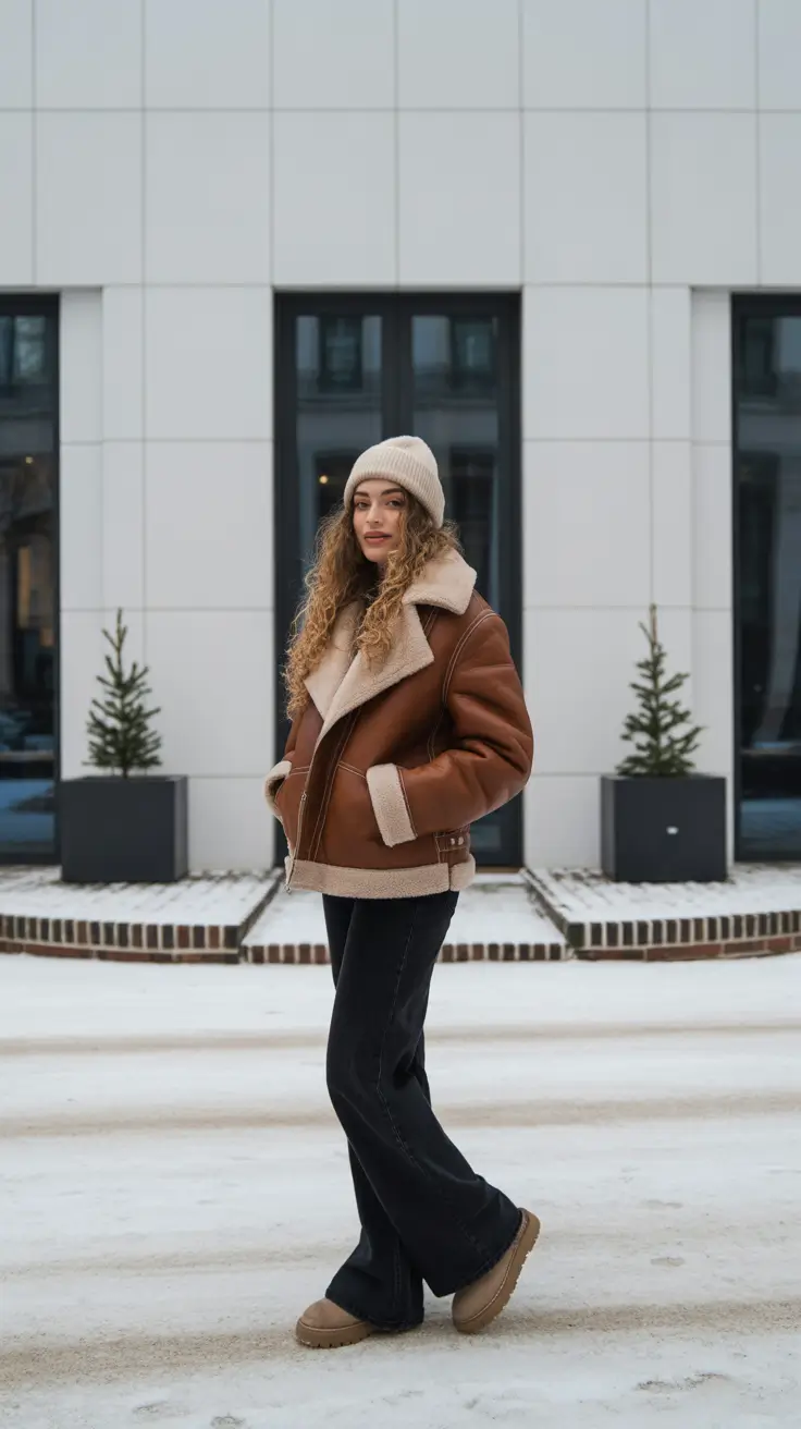 Ugg outfit ideas 2026 - Relaxed Shearling And Flared Denim With Uggs