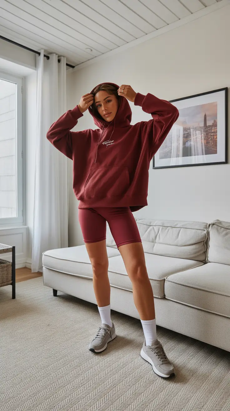Best women workout outfits 2026 - Burgundy Hoodie And Bike-Shorts Boost