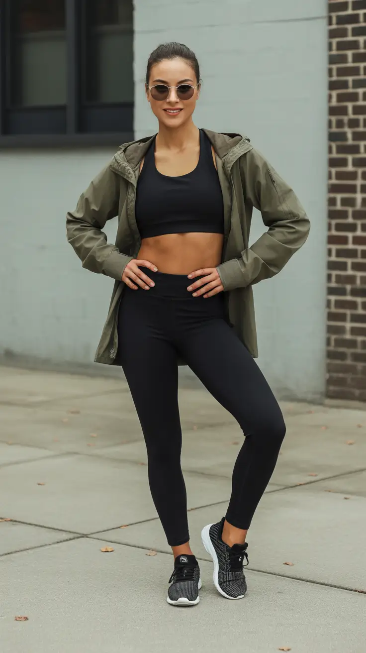 Best women workout outfits 2026 - Sport Bra, Olive Windbreaker, And Matte Leggings