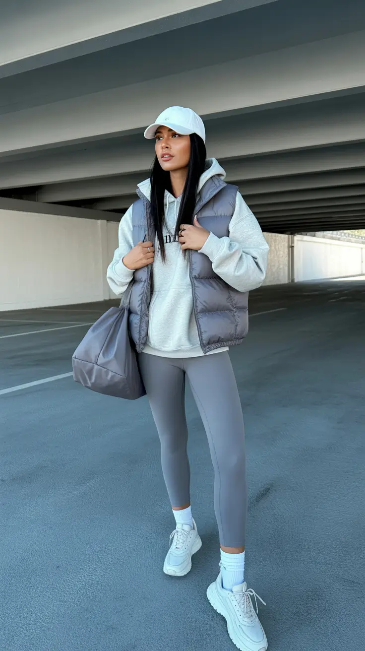 Best women workout outfits 2026 - Puffer Vest Layered Over Hoodie And Tights