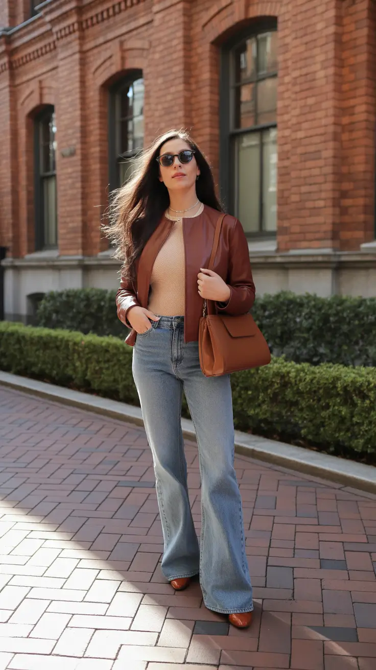 y2k outfits 2026 - Retro Leather Jacket And Soft Flare Jeans