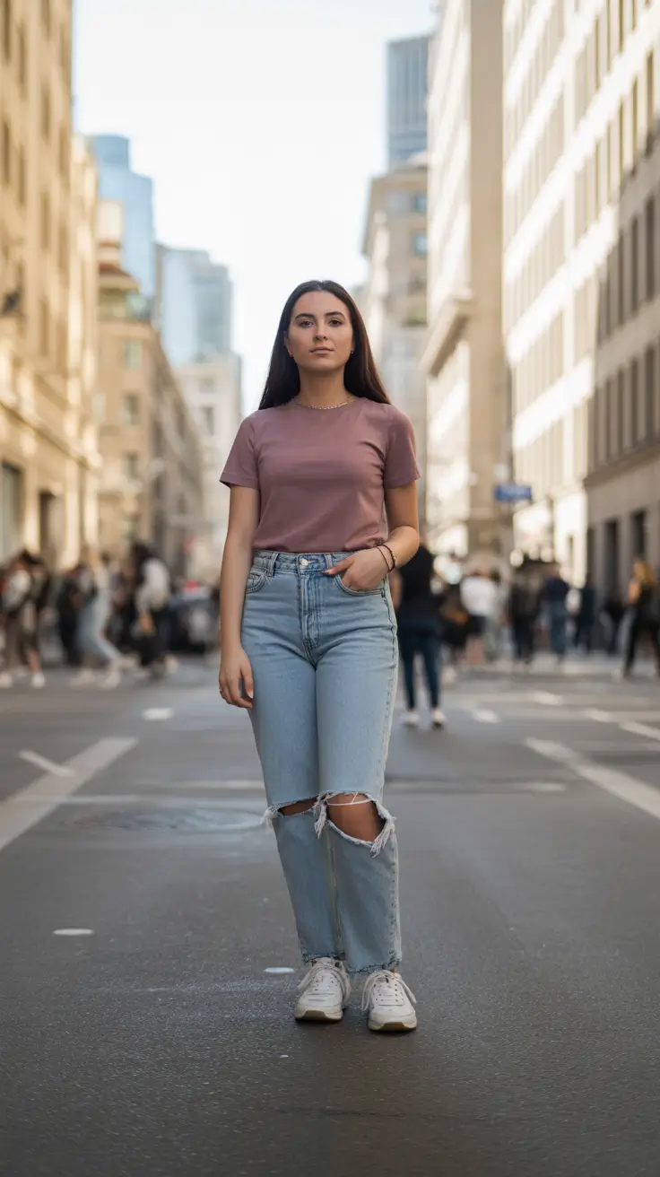 y2k outfits 2026 - Ripped Knee Jeans And Muted Tee Minimalism