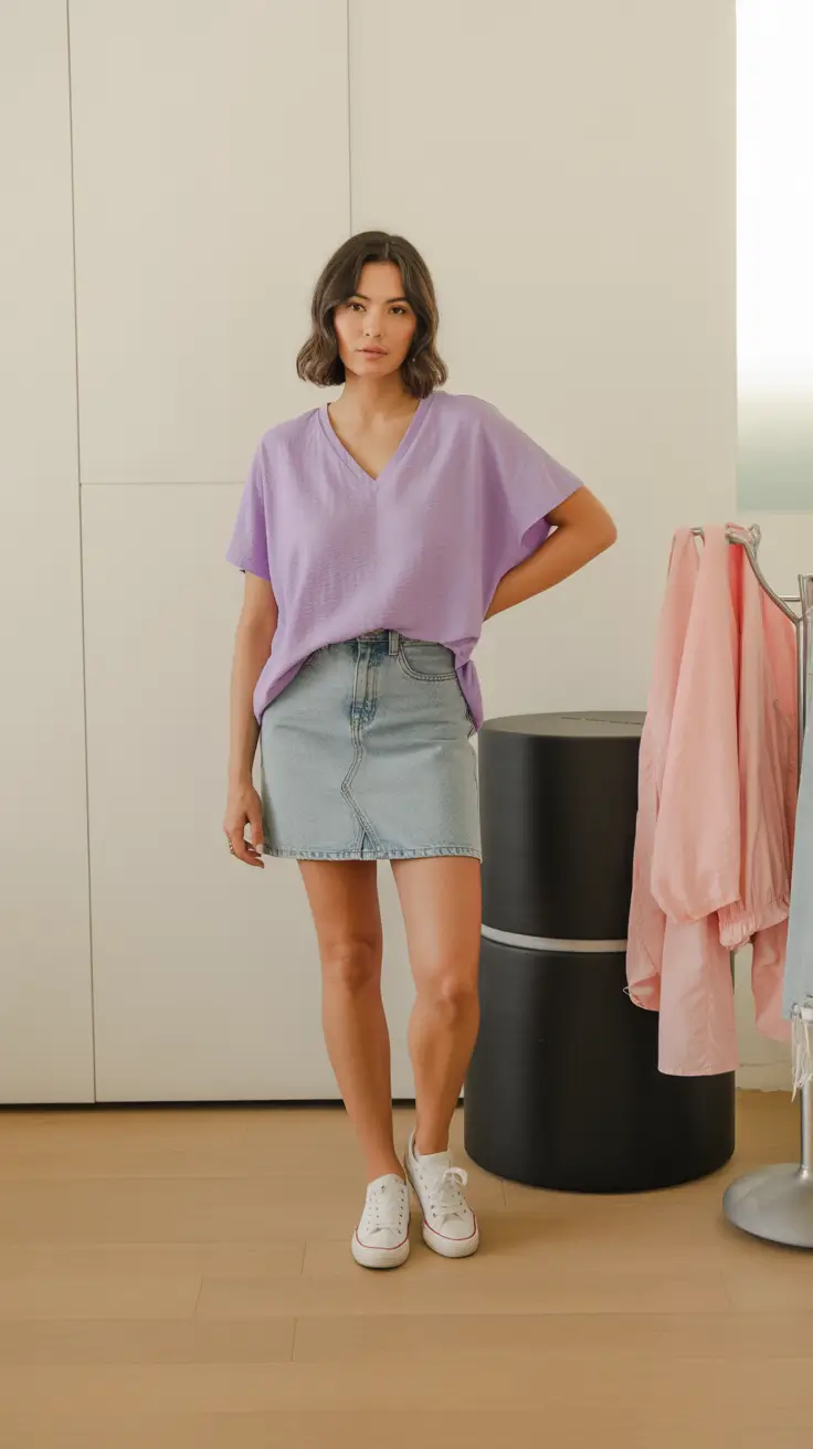 y2k outfits 2026 - Pastel Tee And Denim Mini Summer Throwback