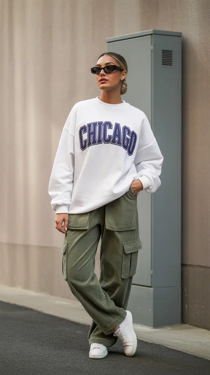 y2k outfits 2026 - Campus Hoodie With Cord Cargo Pants