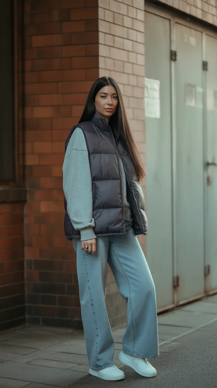 y2k outfits 2026 - Puffer Vest And Wide Leg Denim Chill Look