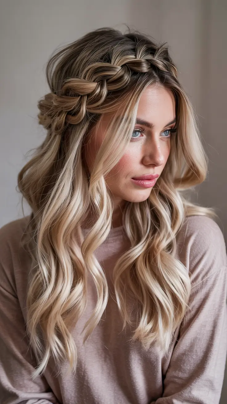 Trendy Braid Hairstyle Ideas 2026 Boho Crown Braid With Soft Creamy Waves