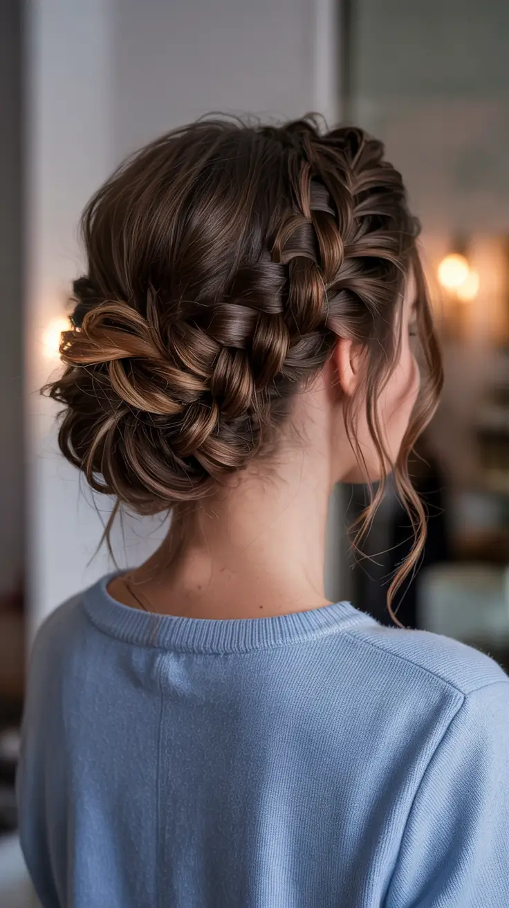 Trendy Braid Hairstyle Ideas 2026 Intricate Braided Bun With Soft Face Framing Pieces