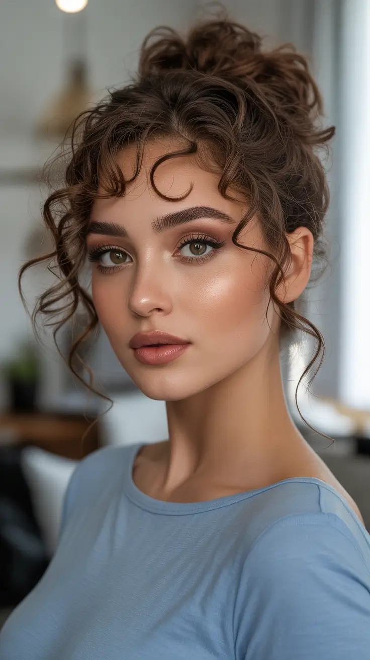 Cute curly hairstyles for women 2026 - Soft Curly Updo With Airy Face-Framing Tendrils