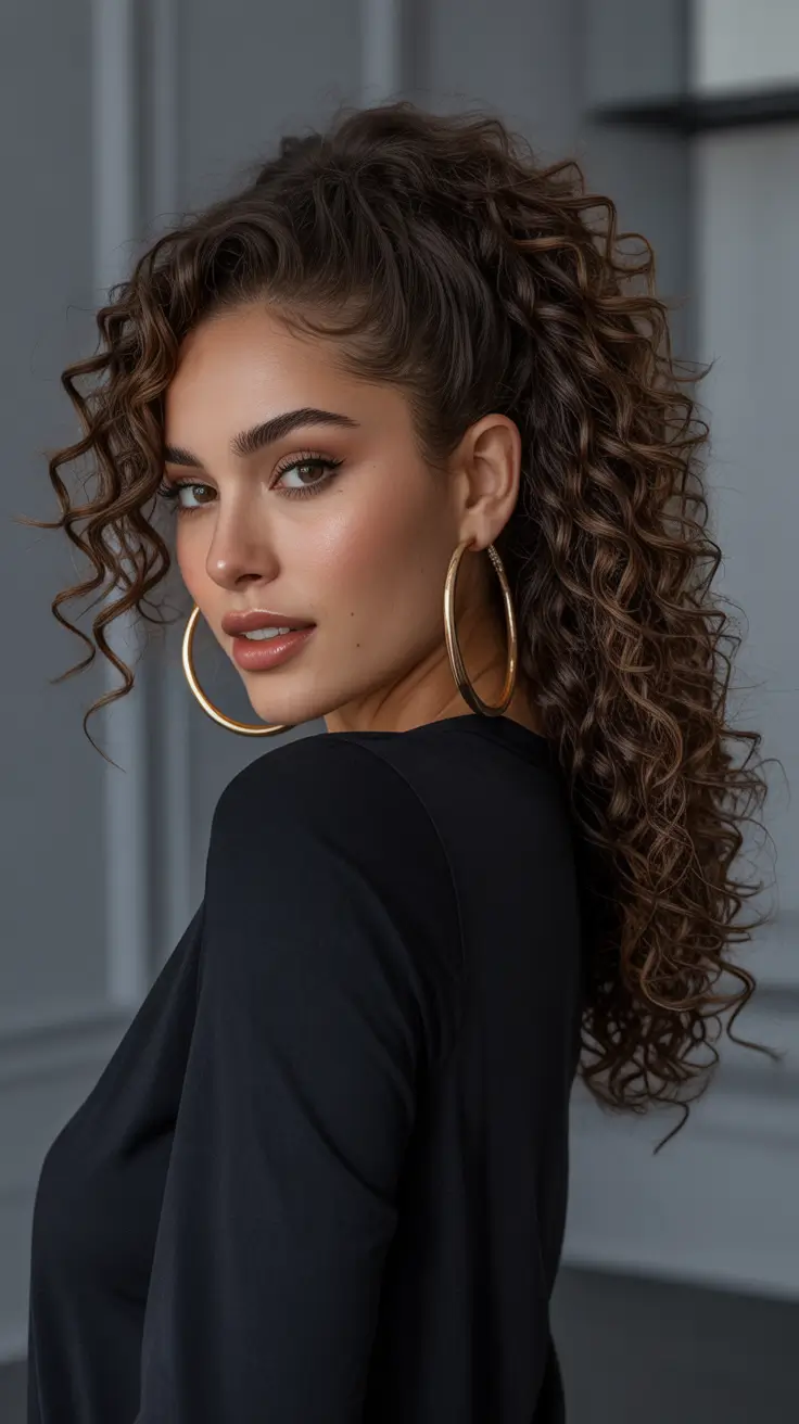 Cute curly hairstyles for women 2026 - Half-Up Curly Glam With Statement Hoops
