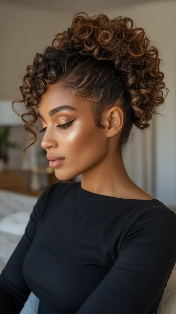 Cute curly hairstyles for women 2026 - High Curly Puff Updo With Defined Edges
