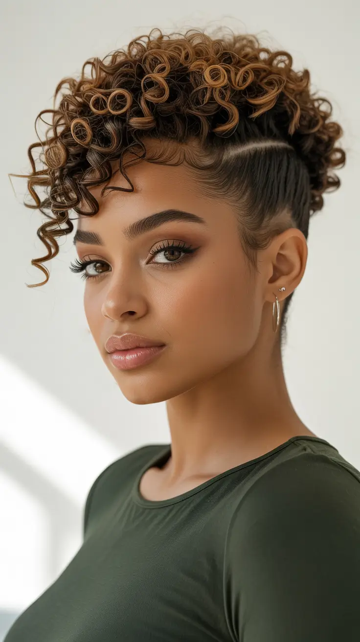 Cute curly hairstyles for women 2026 - Curly Fauxhawk Updo With Sleek Sides