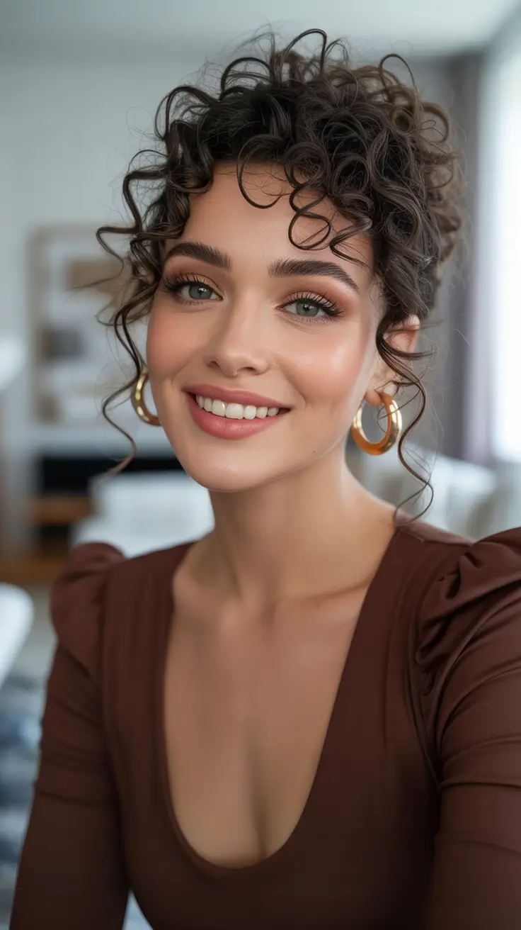 Cute curly hairstyles for women 2026 - Romantic Curly Updo With Soft Face-Framing Tendrils