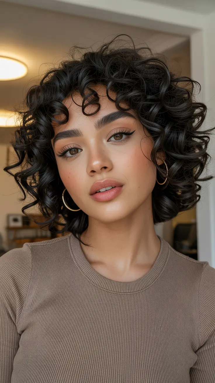 Cute curly hairstyles for women 2026 - Short Curly Bob With Playful Fringe