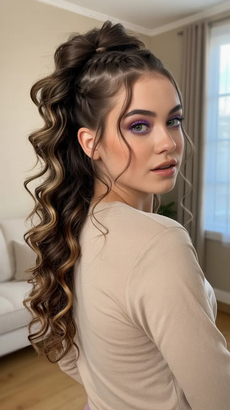 Cute curly hairstyles for women 2026 - Half Up Curly Ponytail With Braided Detail
