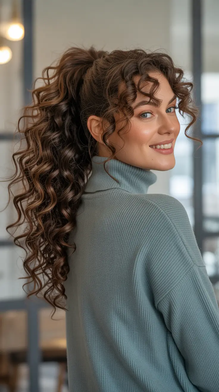 Cute curly hairstyles for women 2026 - High Curly Ponytail With Playful Face-Framing Pieces