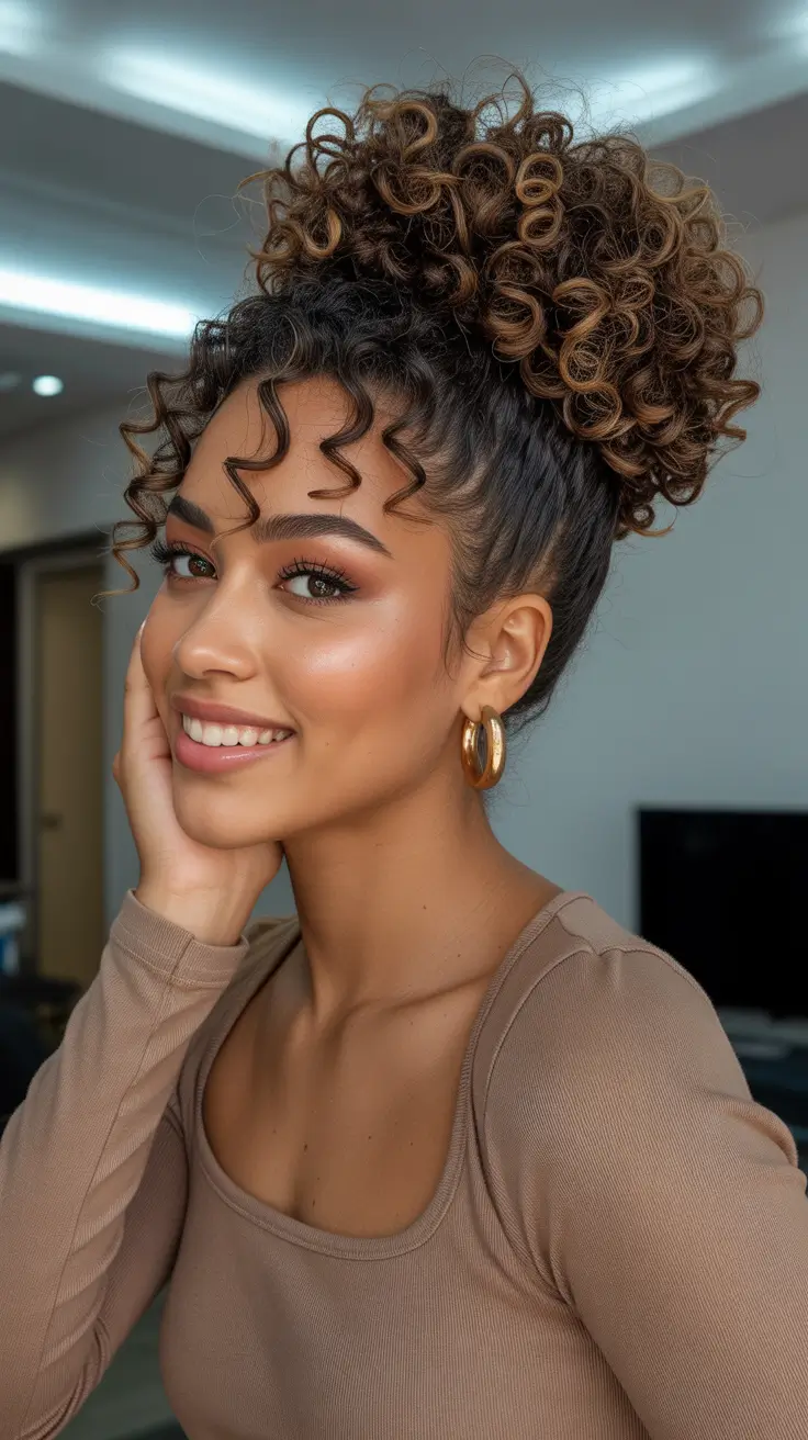 Cute hairstyle ideas 2026 High Curly Pineapple Updo Glow