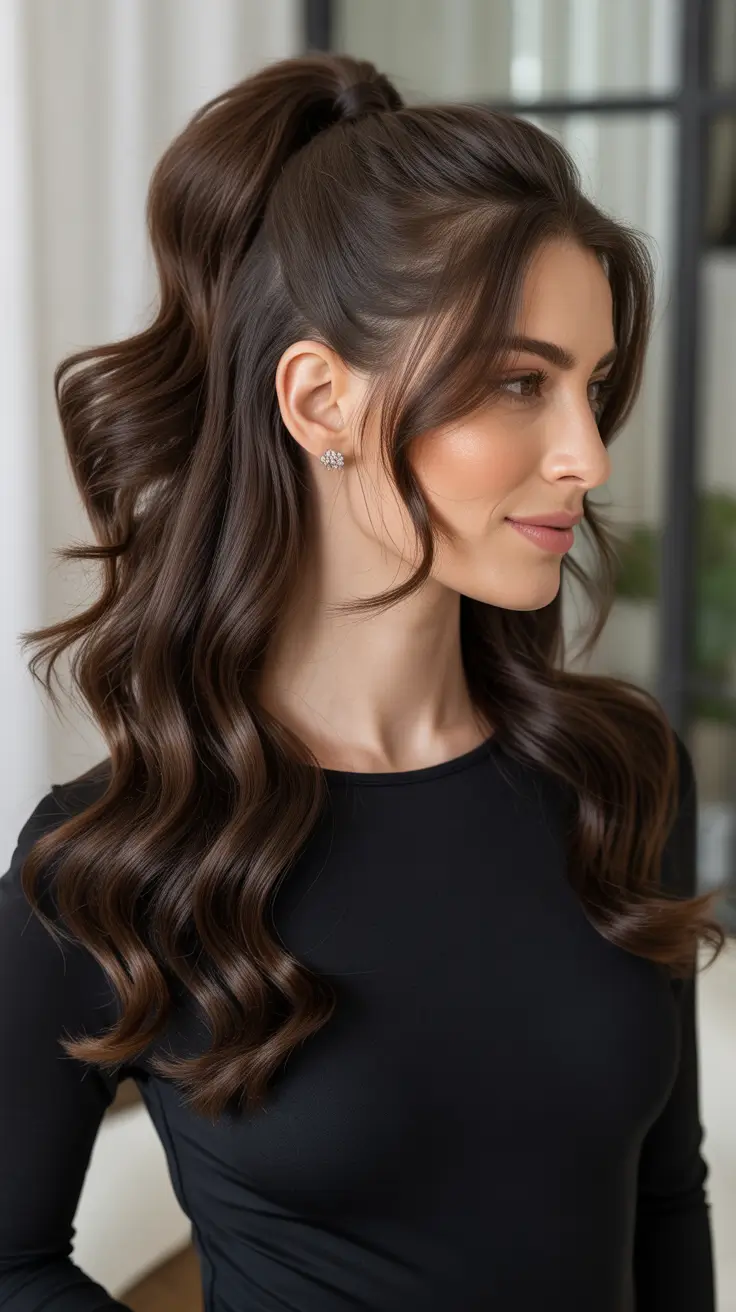 Cute hairstyle ideas 2026 High Half Ponytail With Soft Glam Waves