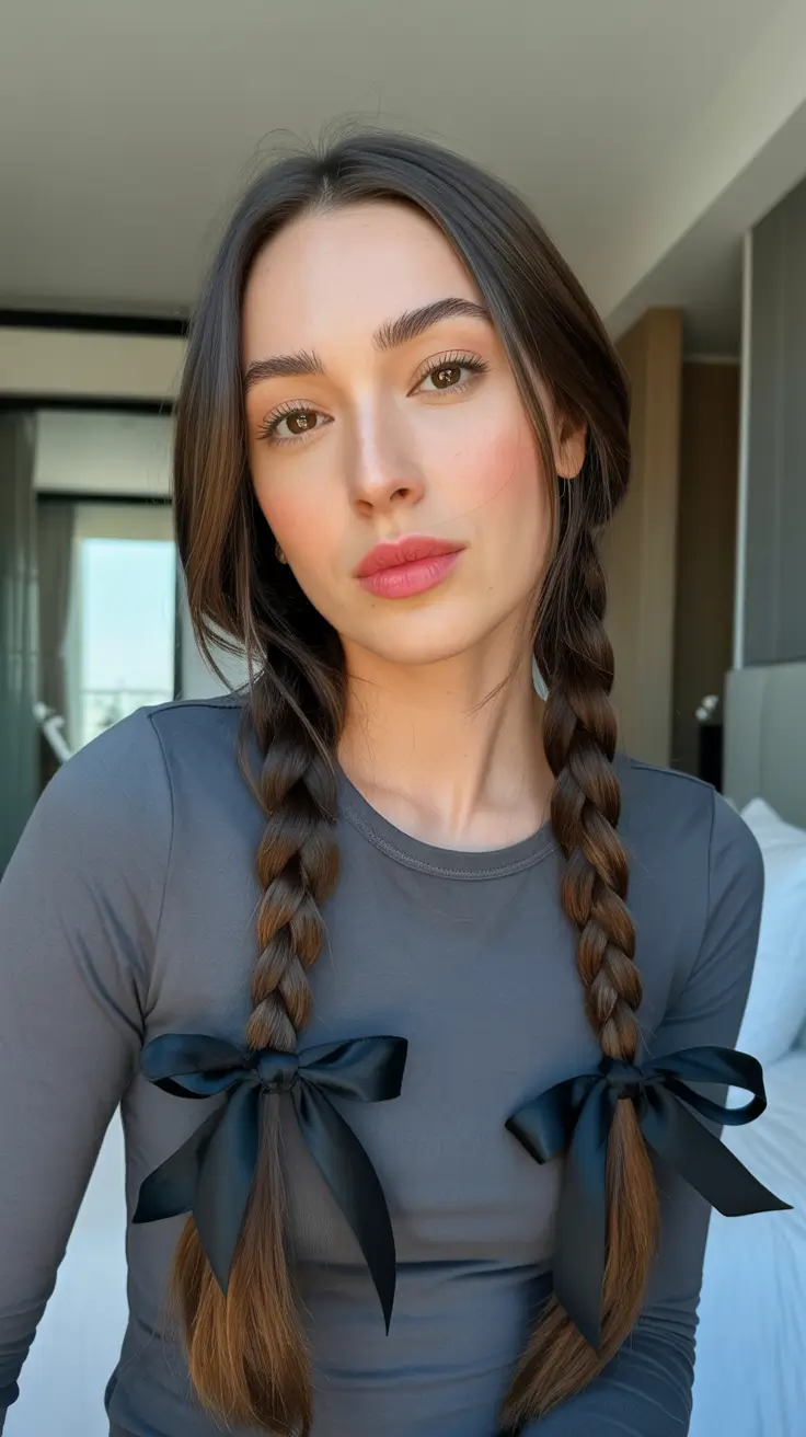 Cute hairstyle ideas 2026 Ribboned Twin Braids With A Soft Finish