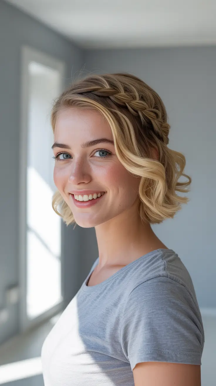 Cute hairstyle ideas 2026 Braided Headband Bob With Soft Waves
