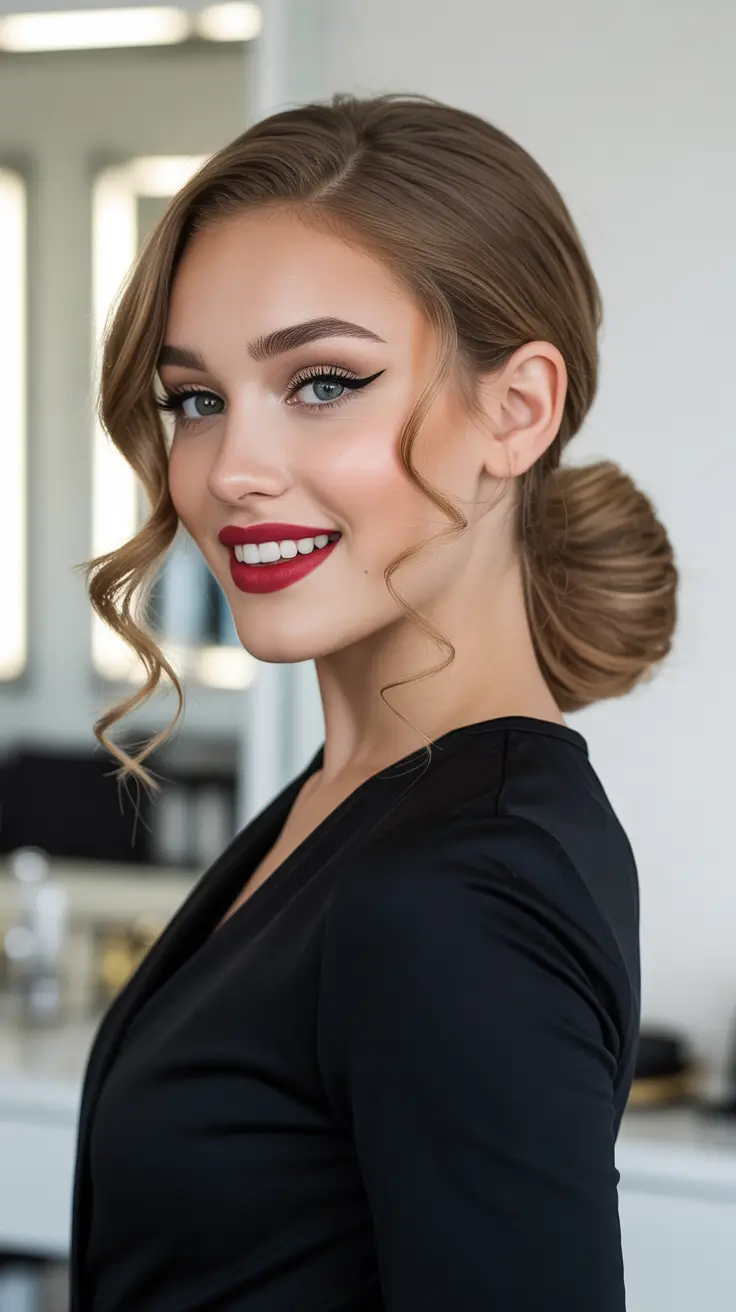 Cute hairstyle ideas 2026 Low Sleek Bun With Soft Curls
