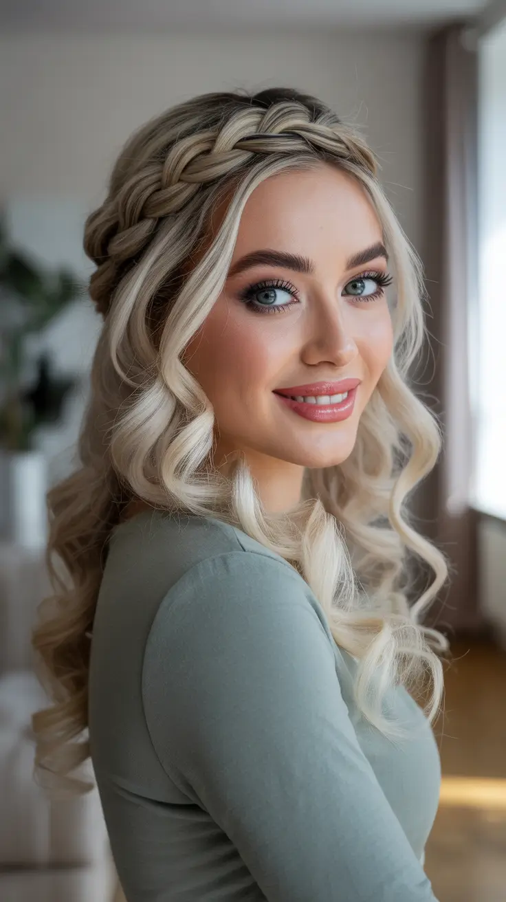 Cute hairstyle ideas 2026 Soft Crown Braid With Loose Curls
