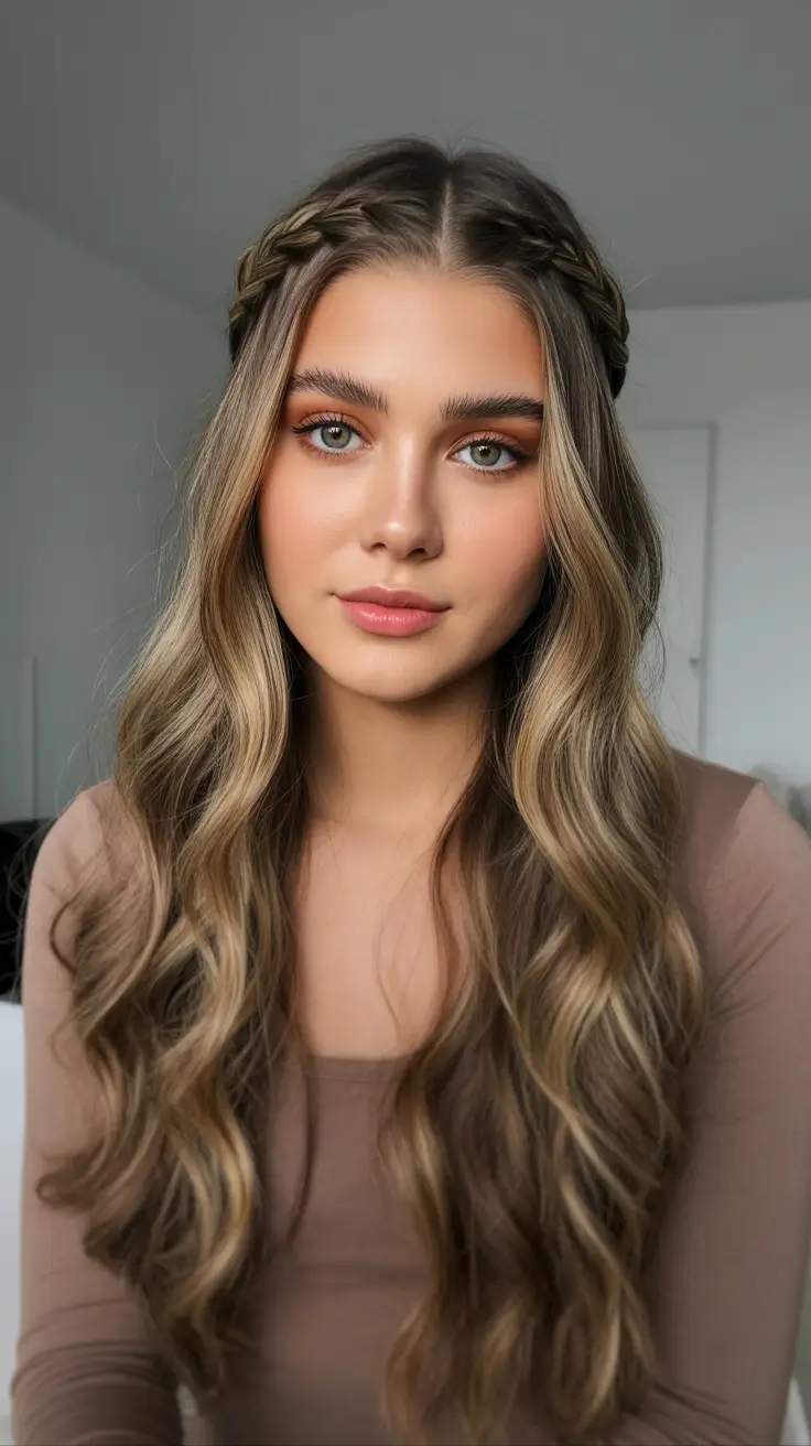 Cute hairstyle ideas 2026 Soft Braid Crown With Beachy Waves
