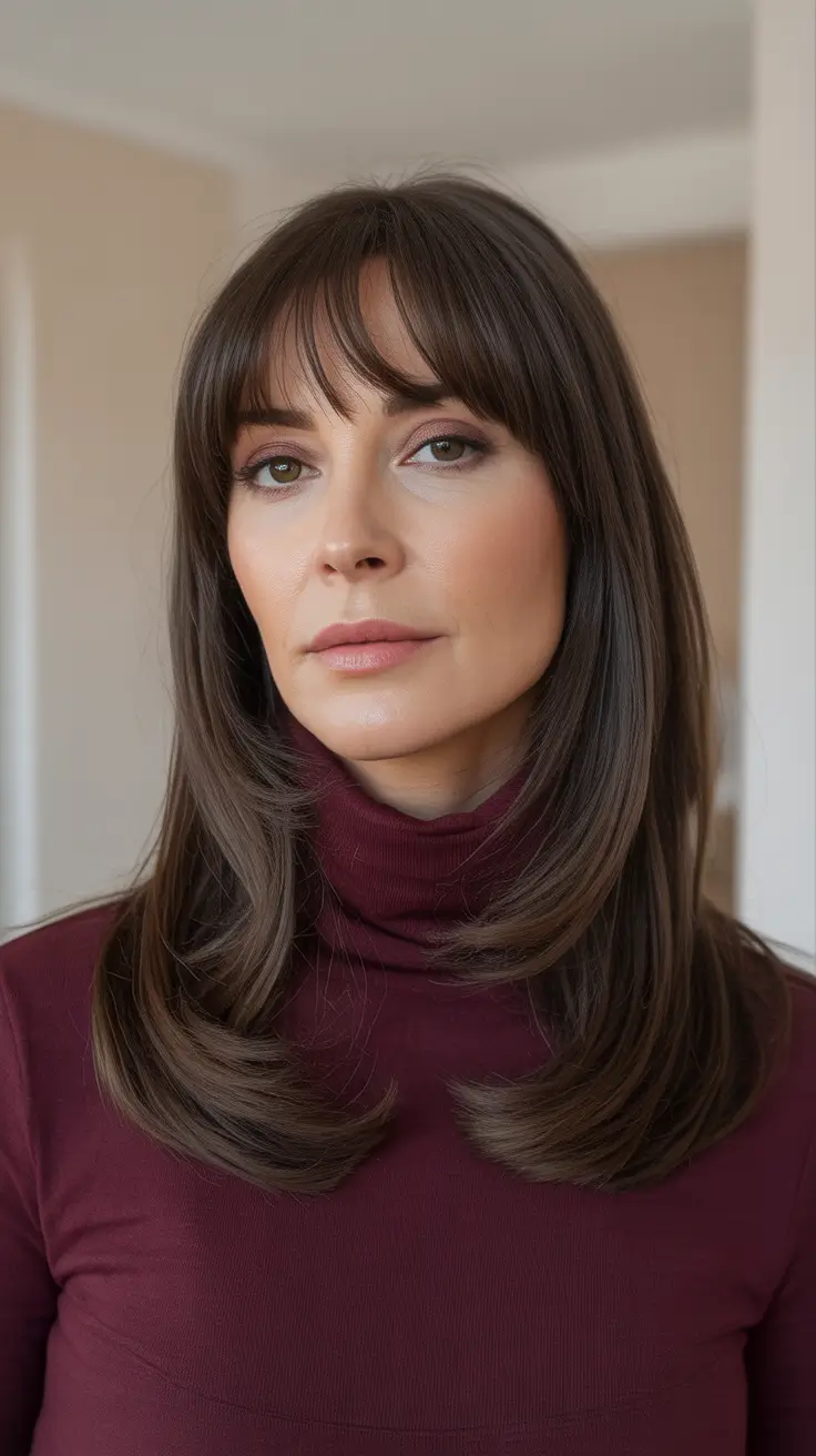 Best haircuts for women over 40 2026 Sleek Long Layers With Full Fringe