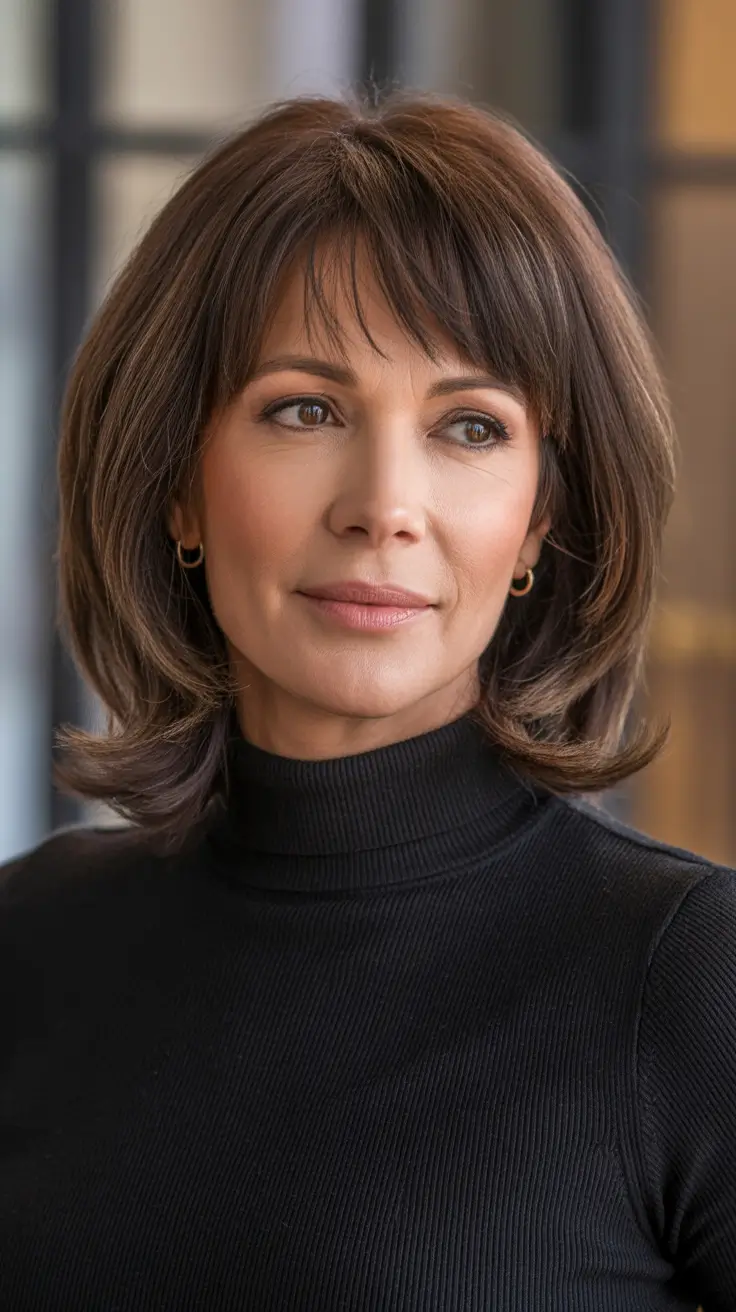 haircuts for women over 40 2026 - Classic Feathered Medium Cut With Soft Fringe