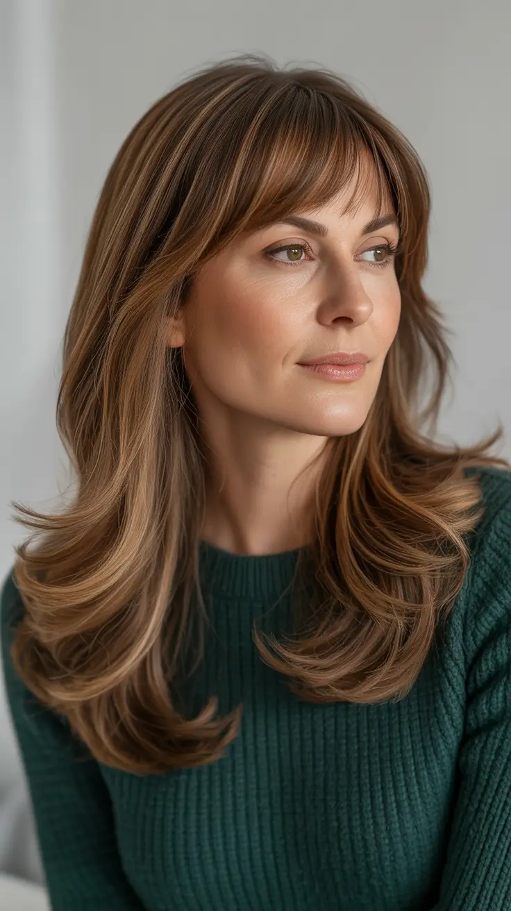 haircuts for women over 40 2026 - Long Caramel Layers With Full Bangs
