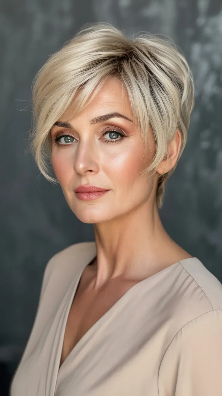 Best haircuts for women over 40 2026 Chic Long Pixie With Sweeping Fringe