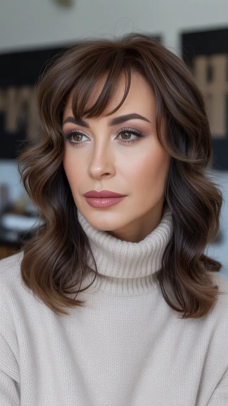 Best haircuts for women over 40 2026 Soft Medium Waves With Feathered Bangs