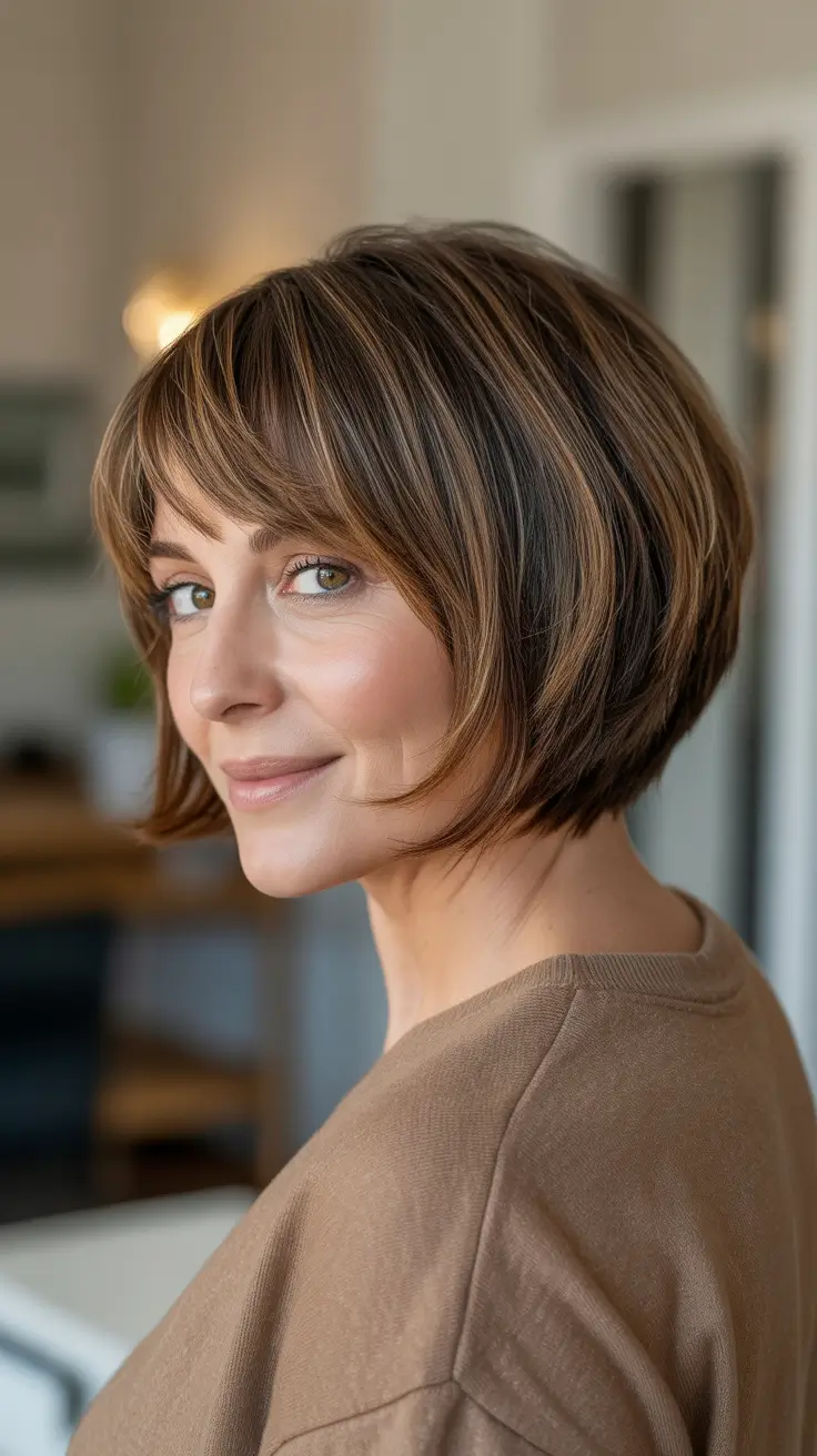 Best haircuts for women over 40 2026 Layered Caramel Bob With Soft Fringe