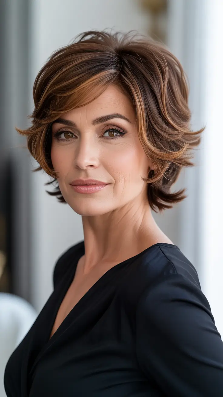 Best haircuts for women over 40 2026 Textured Shaggy Bob With Sunlit Highlights