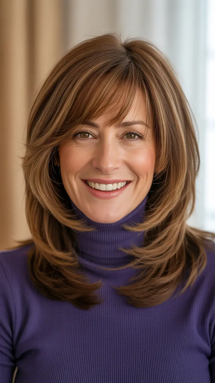 Best Haircuts For Women Over 50 2026 - Long Layered Honey Brown Cut With Feathery Bangs