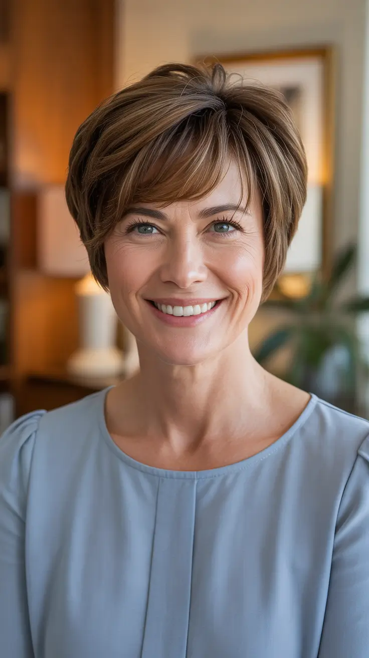 Best haircuts for women over 50 2026 - Soft Pixie Crop With Side Fringe