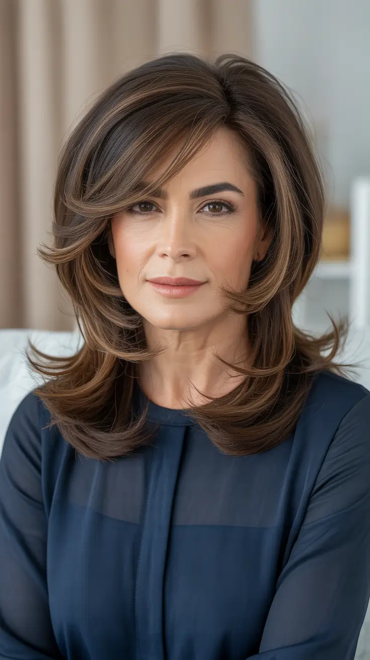 Best Haircuts For Women Over 50 2026 - Voluminous Layered Brunette Blowout For Medium Length Hair