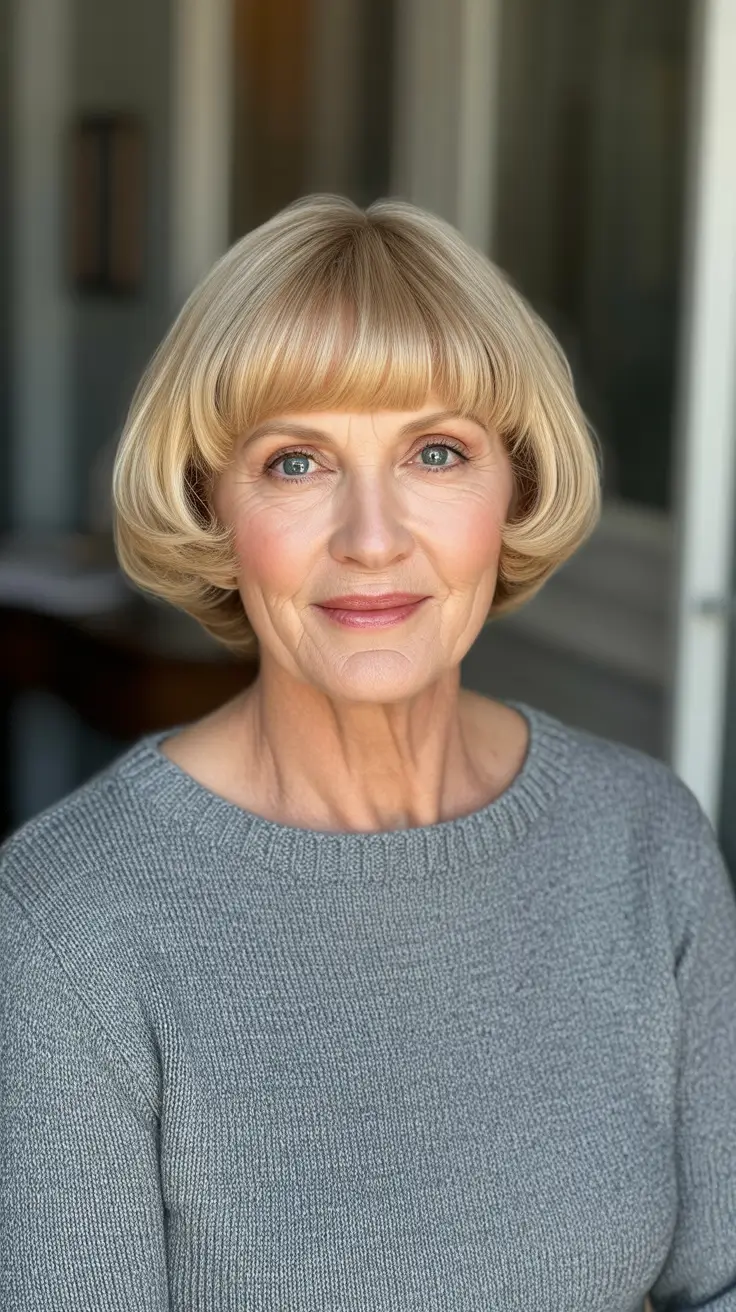 Best haircuts for women over 60 2026 Classic Rounded Bob With Full Fringe