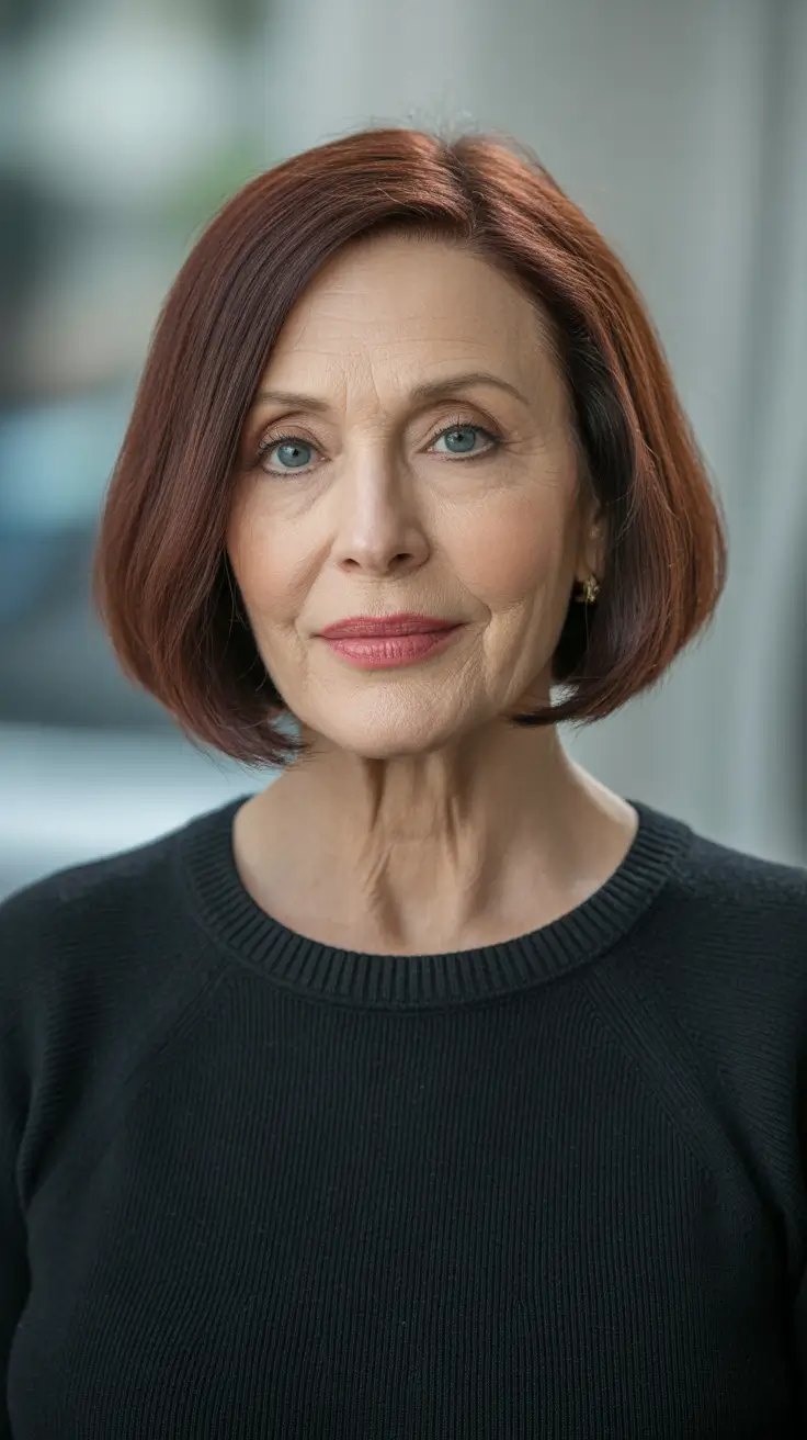 Best haircuts for women over 60 2026 - Sleek Chestnut Contour Bob