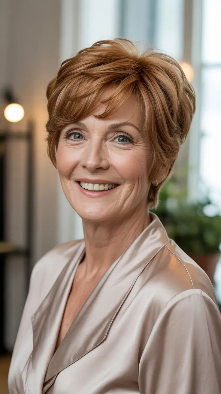 Best haircuts for women over 60 2026 - Soft Copper Pixie With Side Swept Fringe