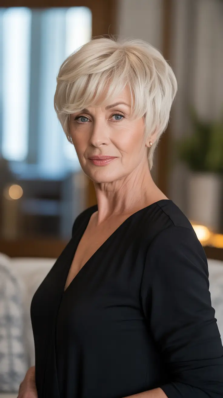 Best haircuts for women over 60 2026 - Chic Platinum Pixie With Airy Bangs