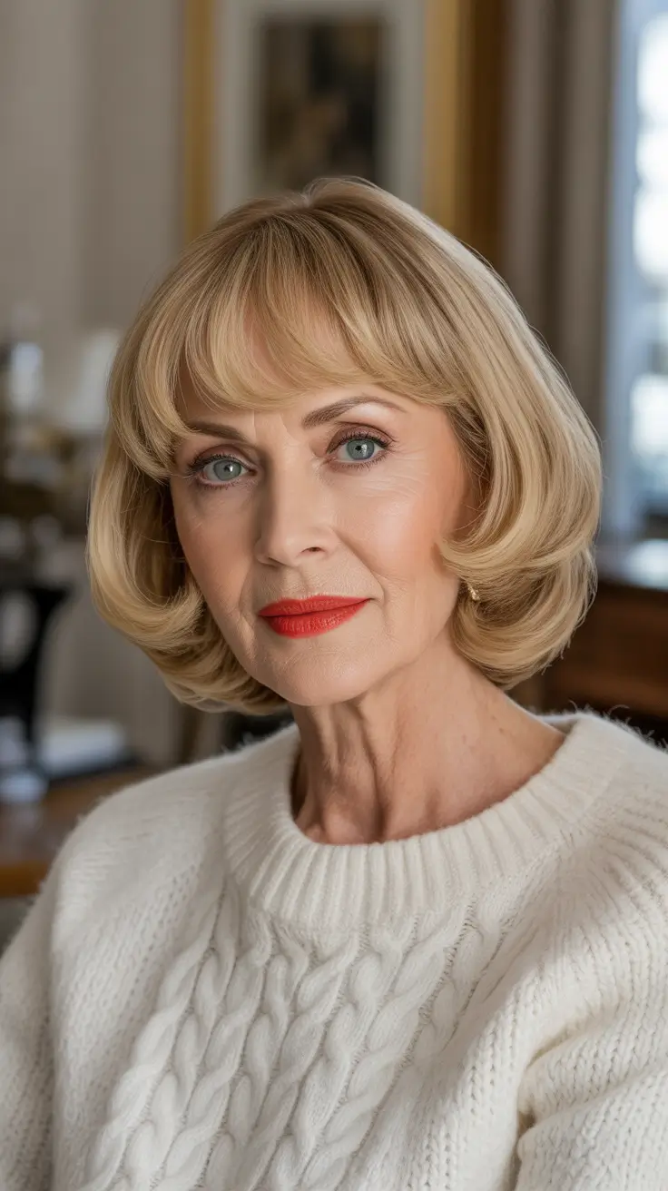 Best haircuts for women over 60 2026 Warm Blonde Bob With Cozy Fringe