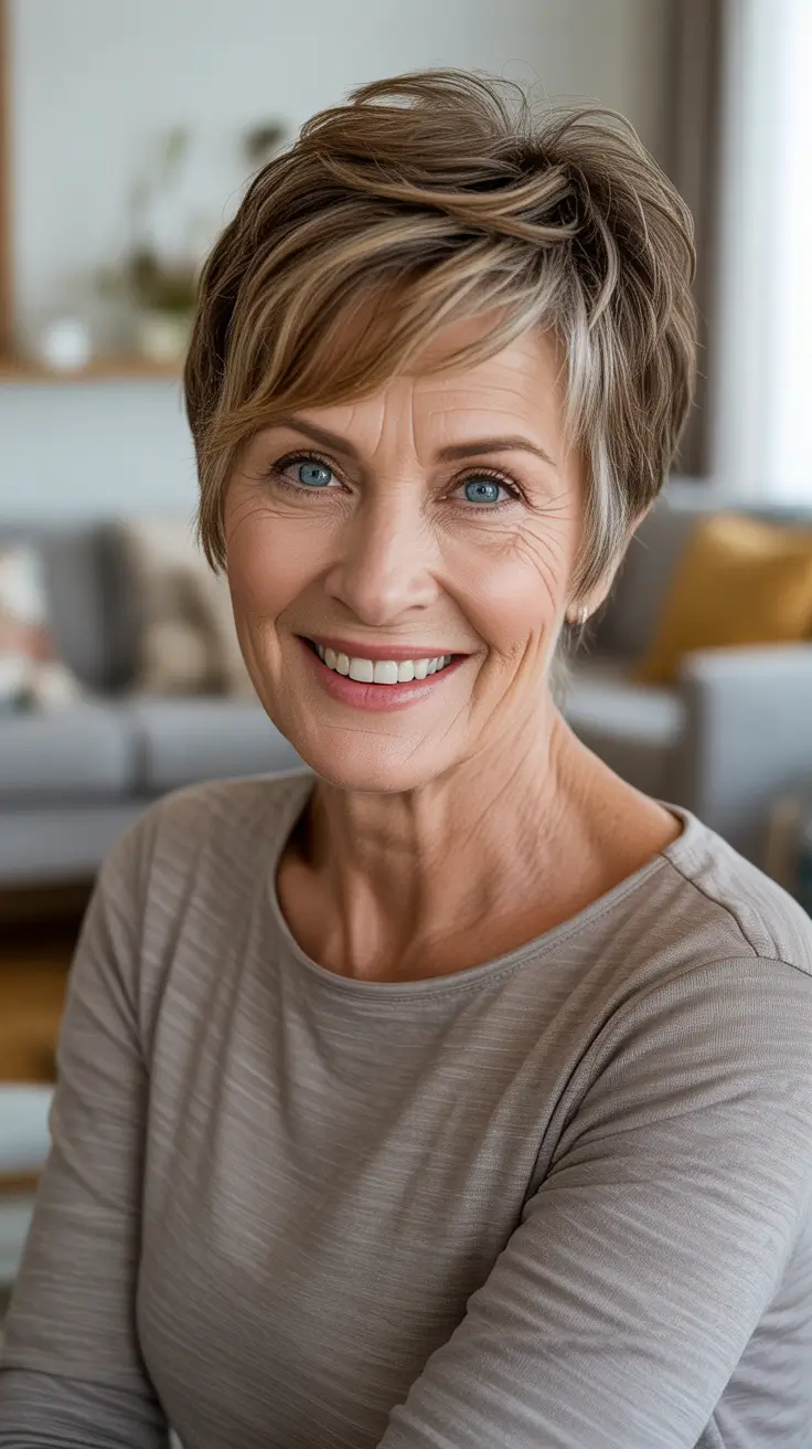 Best haircuts for women over 60 2026 Choppy Pixie With Lived In Texture