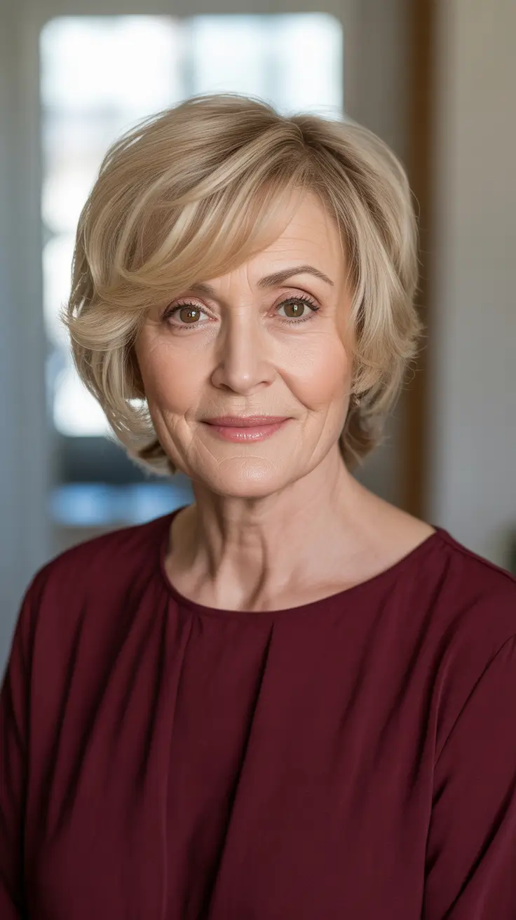 Best haircuts for women over 60 2026 - Feathered Champagne Bob With Light Fringe