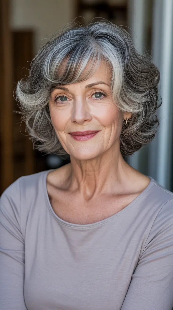 Best haircuts for women over 60 2026 Silver Curled Bob With Soft Side Bangs