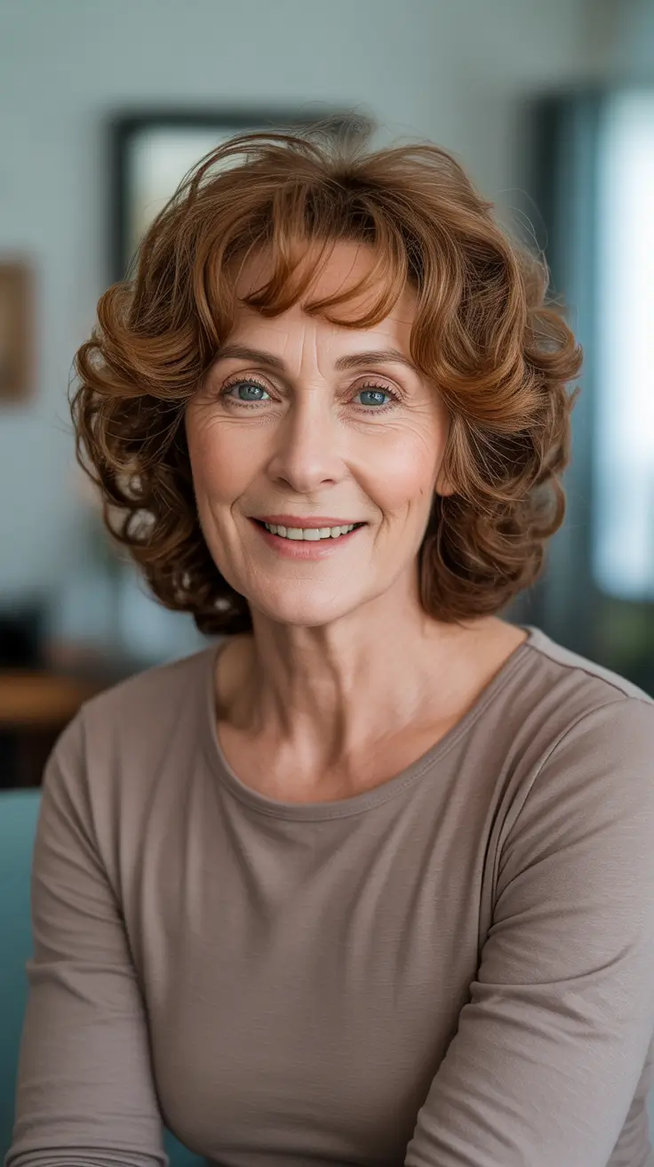 Best haircuts for women over 60 2026 Soft Curly Shag In Warm Chestnut