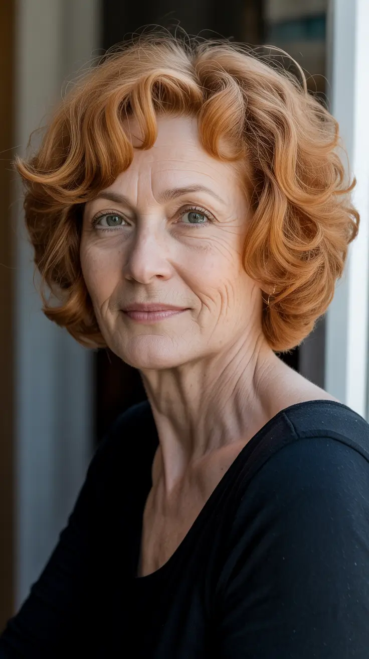Best haircuts for women over 60 2026 Copper Curly Bob With Retro Flair